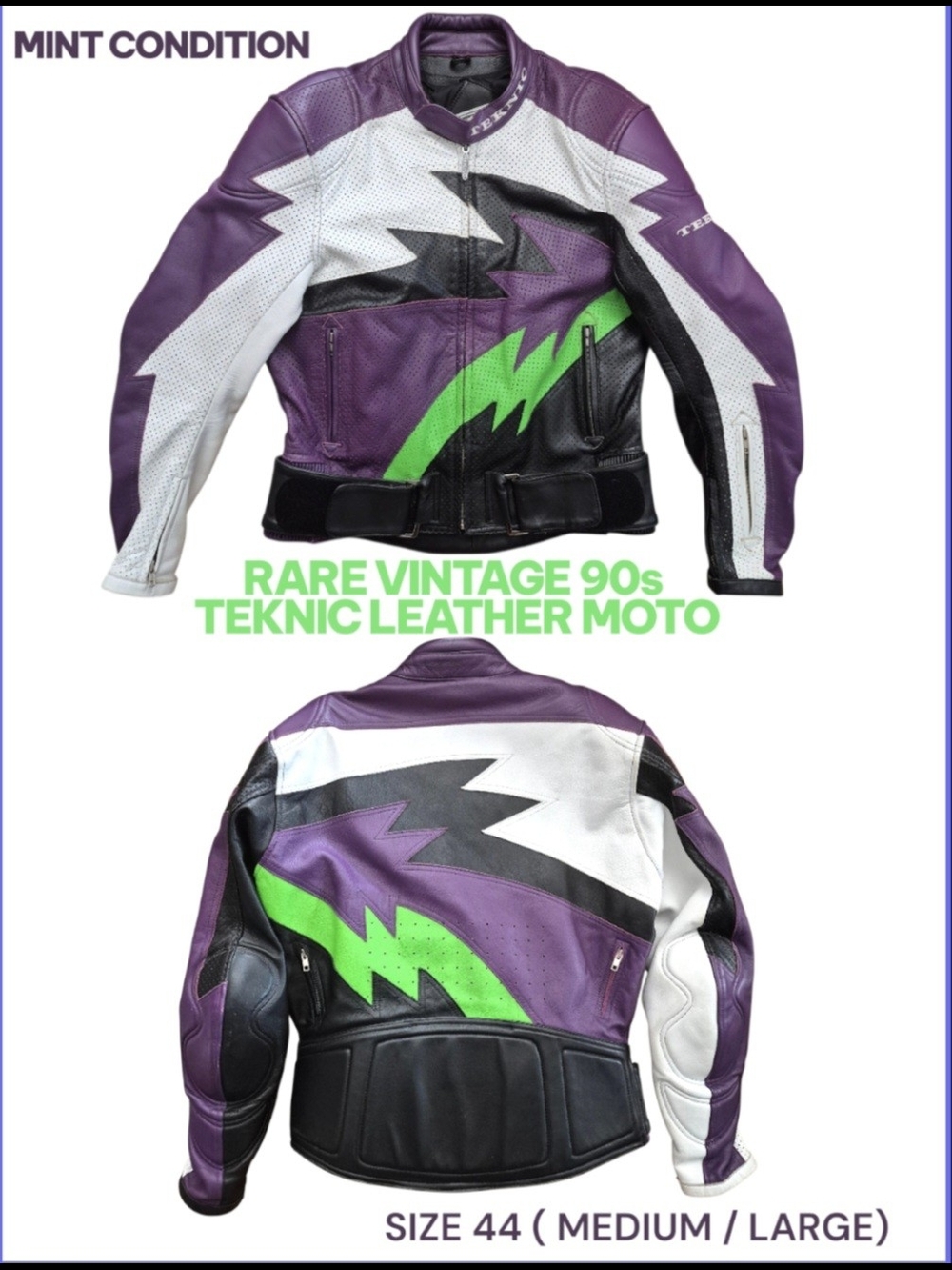 ✨️RARE Vintage 90s Teknic Heavy Armor Leather Moto Racing Jacket✨️- Purple/Green